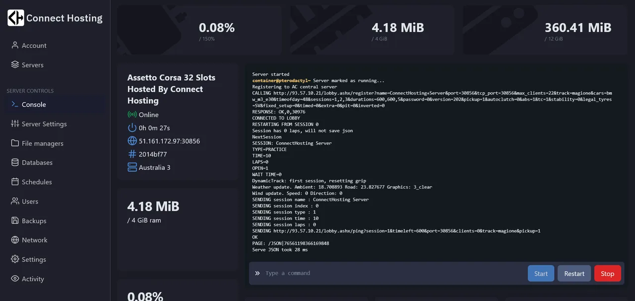 Connect Hosting Game Panel - Console