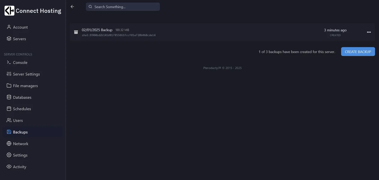 Connect Hosting Game Panel - Backup Tab for Game Servers