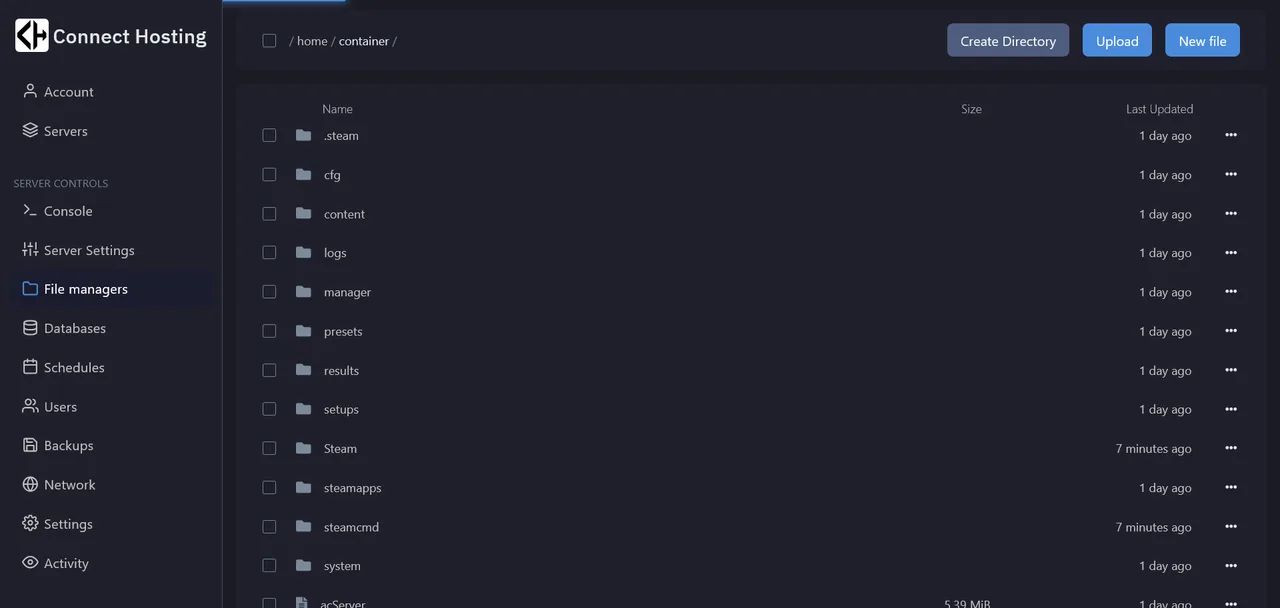 Connect Hosting Game Panel - File Manager View