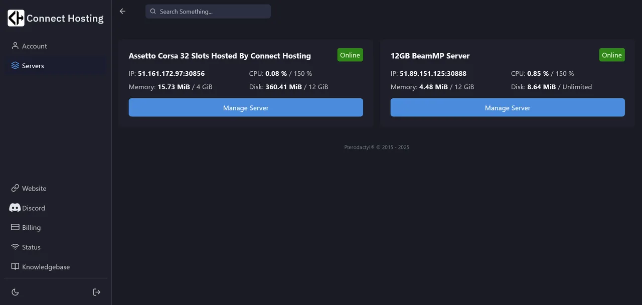 Connect Hosting Game Panel Overview - Main Dashboard